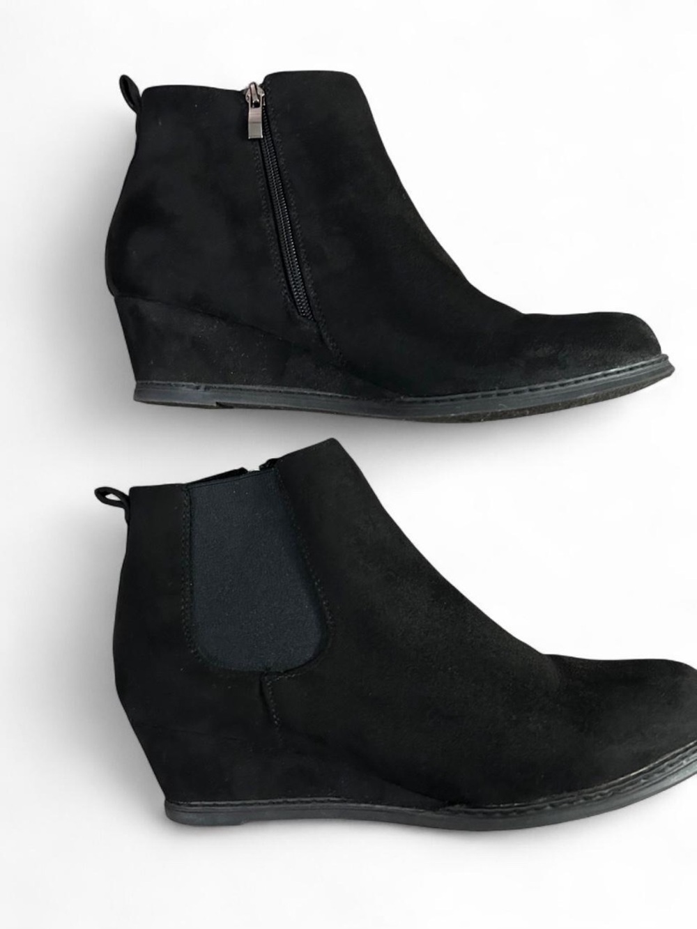 Marbella Black faux suede ankle boots with wedge heel and side zip, size US 12
